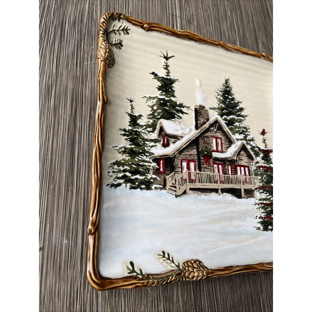 St. Nicholas Square “Snow Valley” Square Plate 10.5" Snowy Cabin Pine Tree - Picture 2 of 6